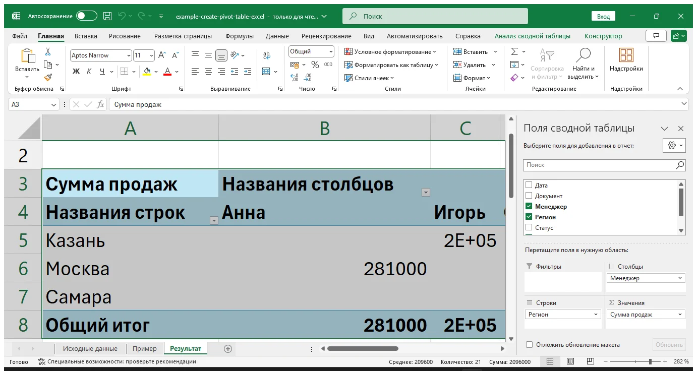 Как сделать сводную таблицу в Excel пошагово