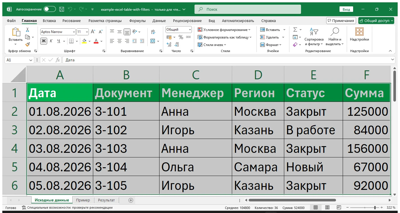 Практический пример: Как сделать таблицу в Excel с фильтрами
